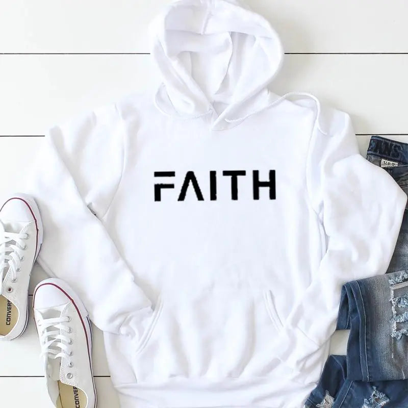 Autumn Winter Faith Letter Print Hooded Sweatshirt