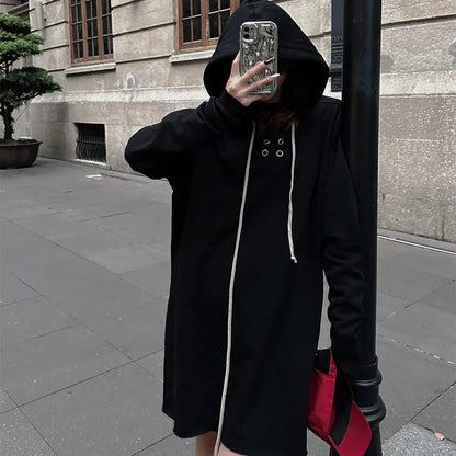 Long Black Hoodie with Drawstrings